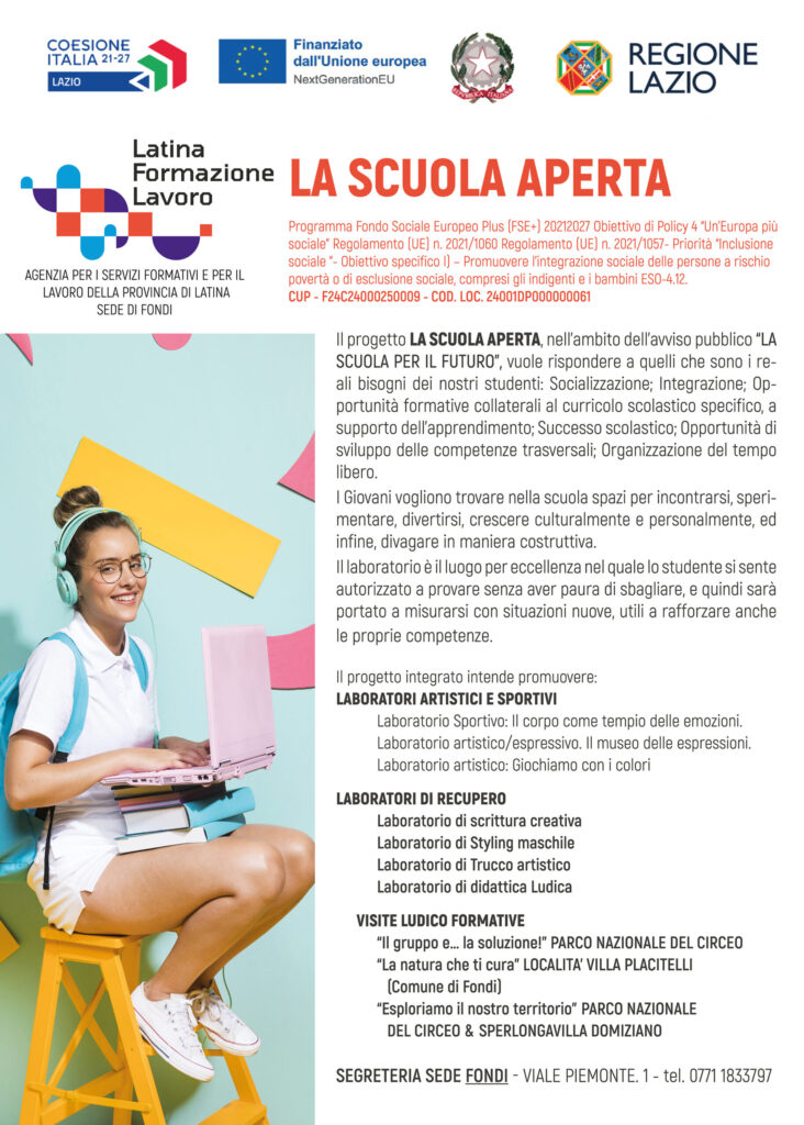 locandina dell'evento “La Scuola Aperta” per Latina Formazione e Lavoro presso la sede di Fondi