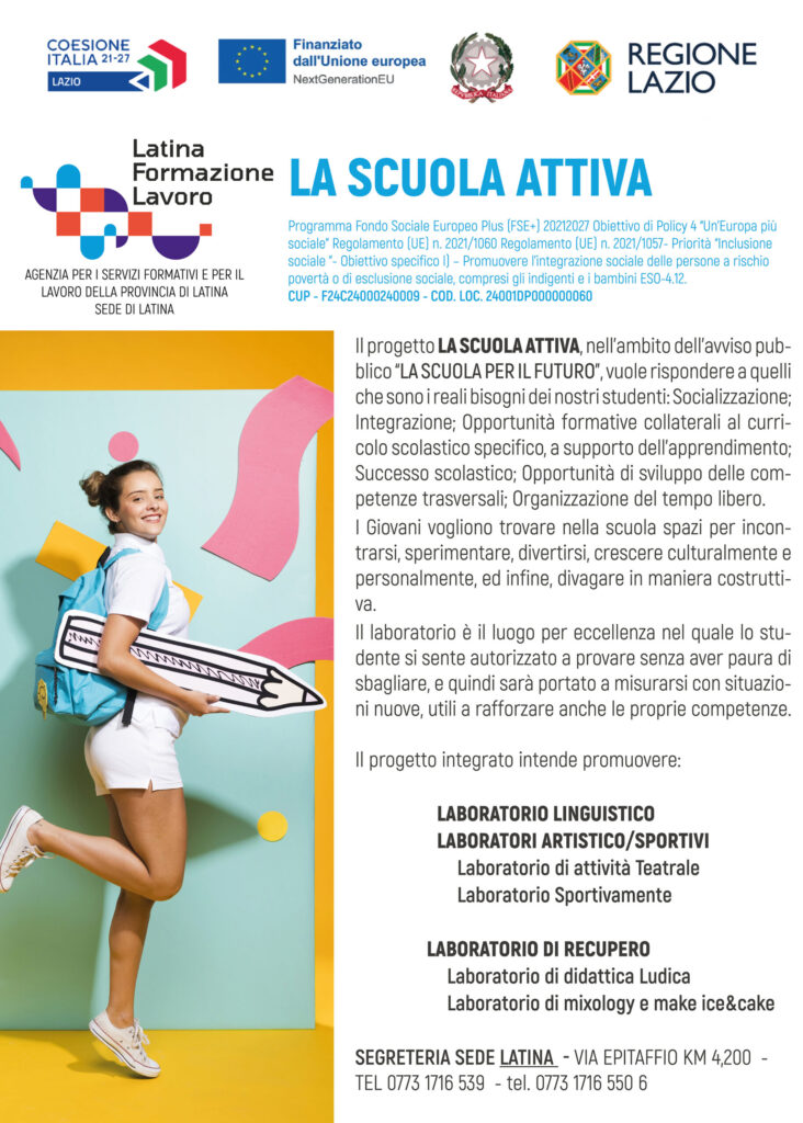 locandina dell'evento “La Scuola Attiva” per Latina Formazione e Lavoro presso la sede di Latina